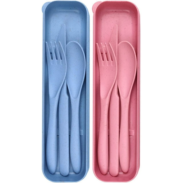 Juego de 2 utensilios de viaje reutilizables con estuche, cuchillo portátil de paja de trigo, tenedor, cucharas, cubiertos ecológicos para niños, adultos, viajes, picnic, camping, utensilios, azul y