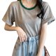 thumbnail image 2 of Camiseta de manga corta con ajuste relajado para mujer, camiseta elástica con cuello redondo a rayas de fibra de leche para desplazamientos, 2 of 8
