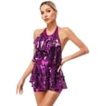 thumbnail image 3 of YEAHDOR Womens Latin Jazz Dancewear Halter Sparkle Sequins Modern Dance Competition Performance Jumpsuit Purple One Size, 3 of 7