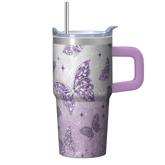 Butterfly 20oz Stainless Steel Tumbler with Handle and Straw – Insulated Travel Cup with Sliding Lid, 360° Full Wrap Printed Mug for Home, Outdoor & Sports, Spring