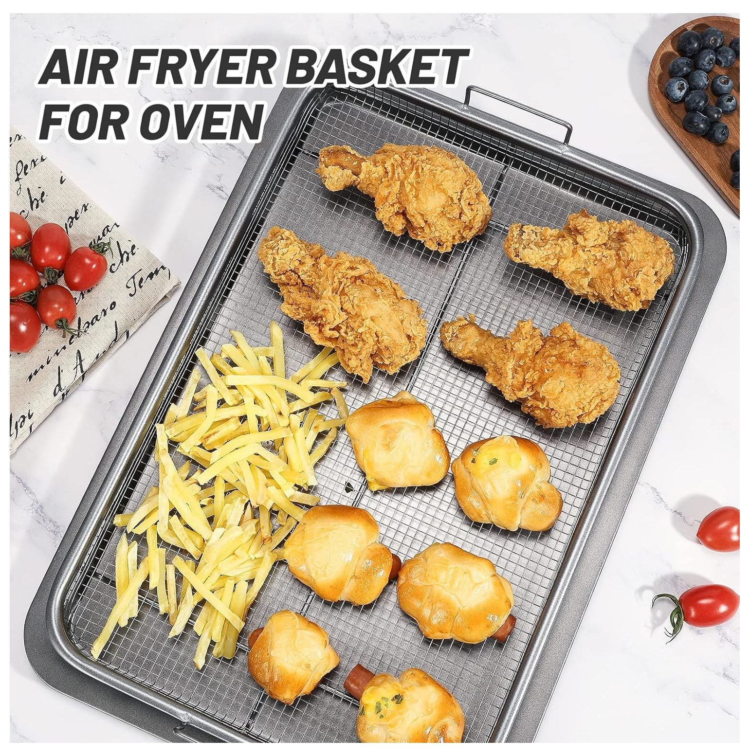  Extra Large Air Fryer Basket For Oven, Stainless Steel Air  Fryer Tray, Large Capacity 17.5“ x 11.8, Oven Air Fryer Basket Baking  Sheet Cookie Sheet Roasting Basket, Grey, 2 Piece Set 