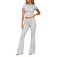 thumbnail image 6 of zejinsd Two Piece Sets for Women Short Sleeves Crop Tops with High Waist Fit Flare Pants Sets Casual Outdoor Tracksuits Yoga Fitness Outfit, 6 of 7