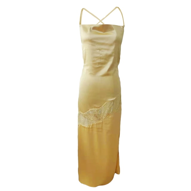 VISgogo Vestido largo para mujer, correa de espagueti, sin mangas, de encaje, transparente, color sólido, vestidos divididos VISgogo moda