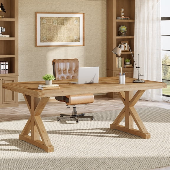 Finmind 63" Solid Wood Executive Desk, Modern Large Writing Office Table for Home Office, Brown