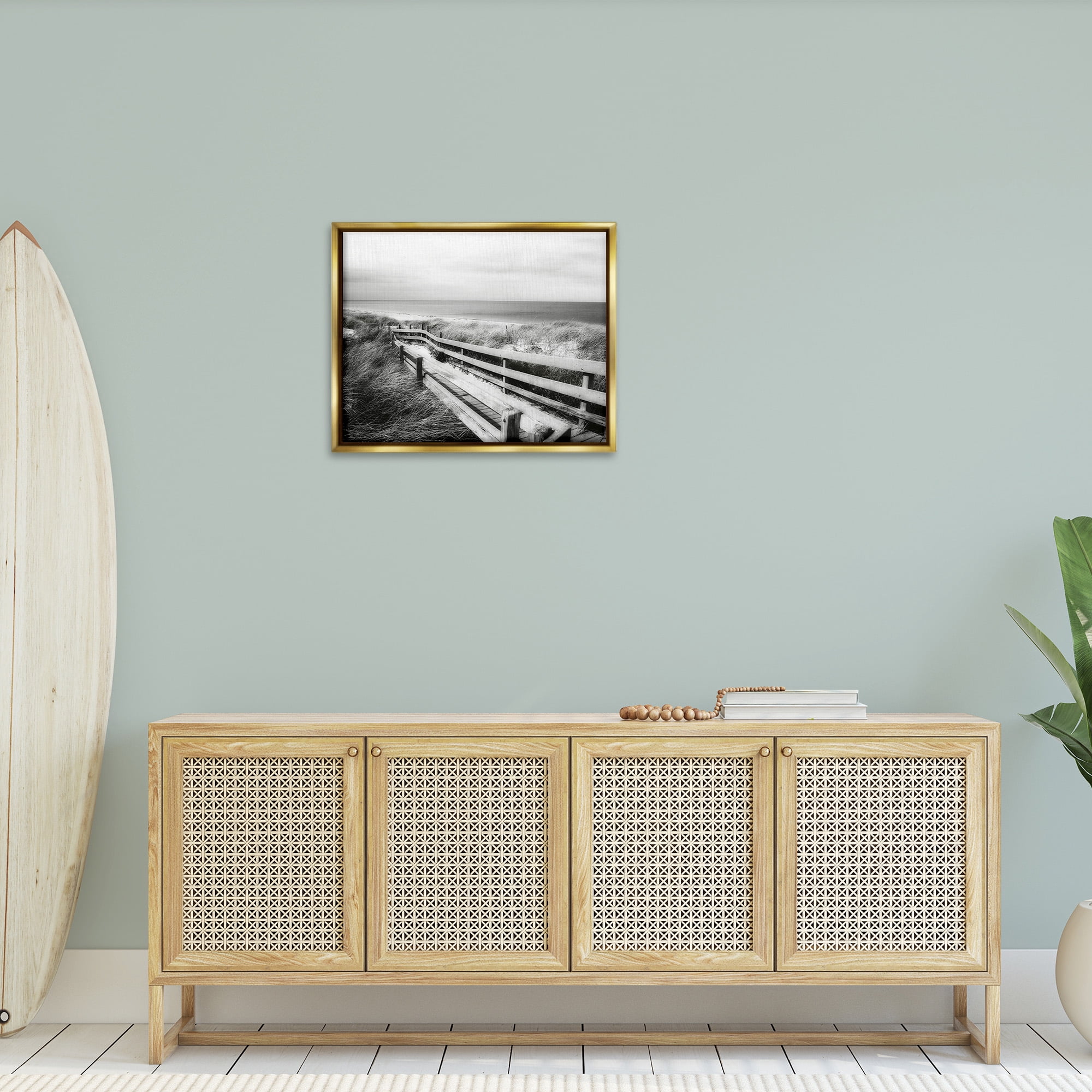 Stupell Industries Coastal Boardwalk Landscape Landscape Photography Gold Floater Framed Canvas Art Print Wall Art, 31 x 25