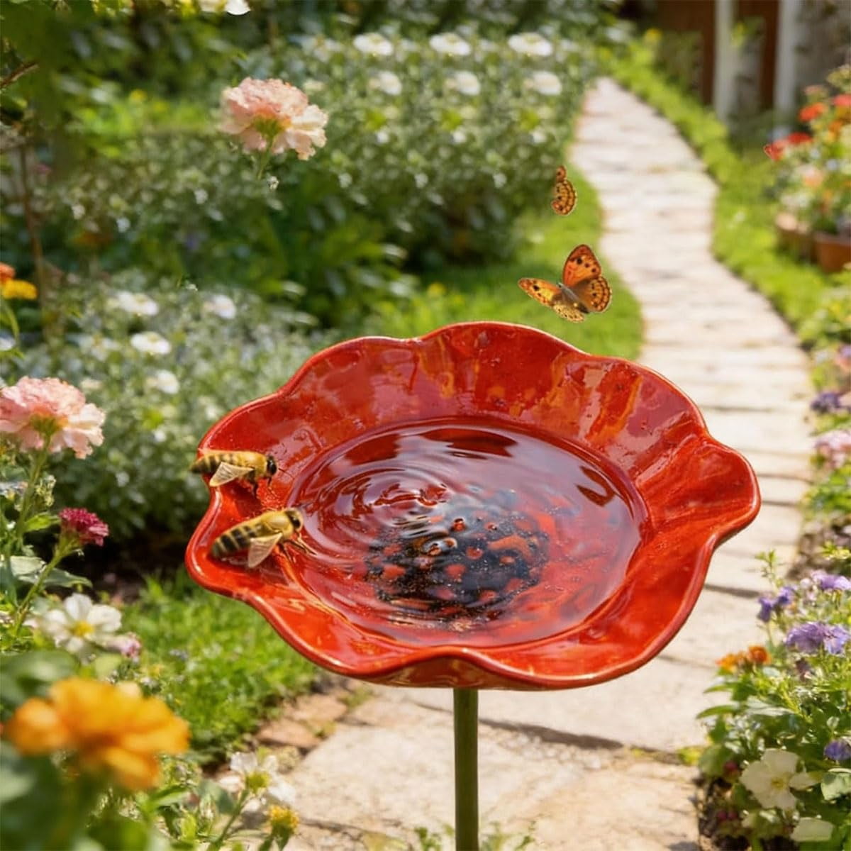 Handmade Metal Flower Garden Stake with Bee Bath & Bird Water Bowl, Butterfly & Pollinator Watering Station, Weather-Resistant Garden Decor Gift