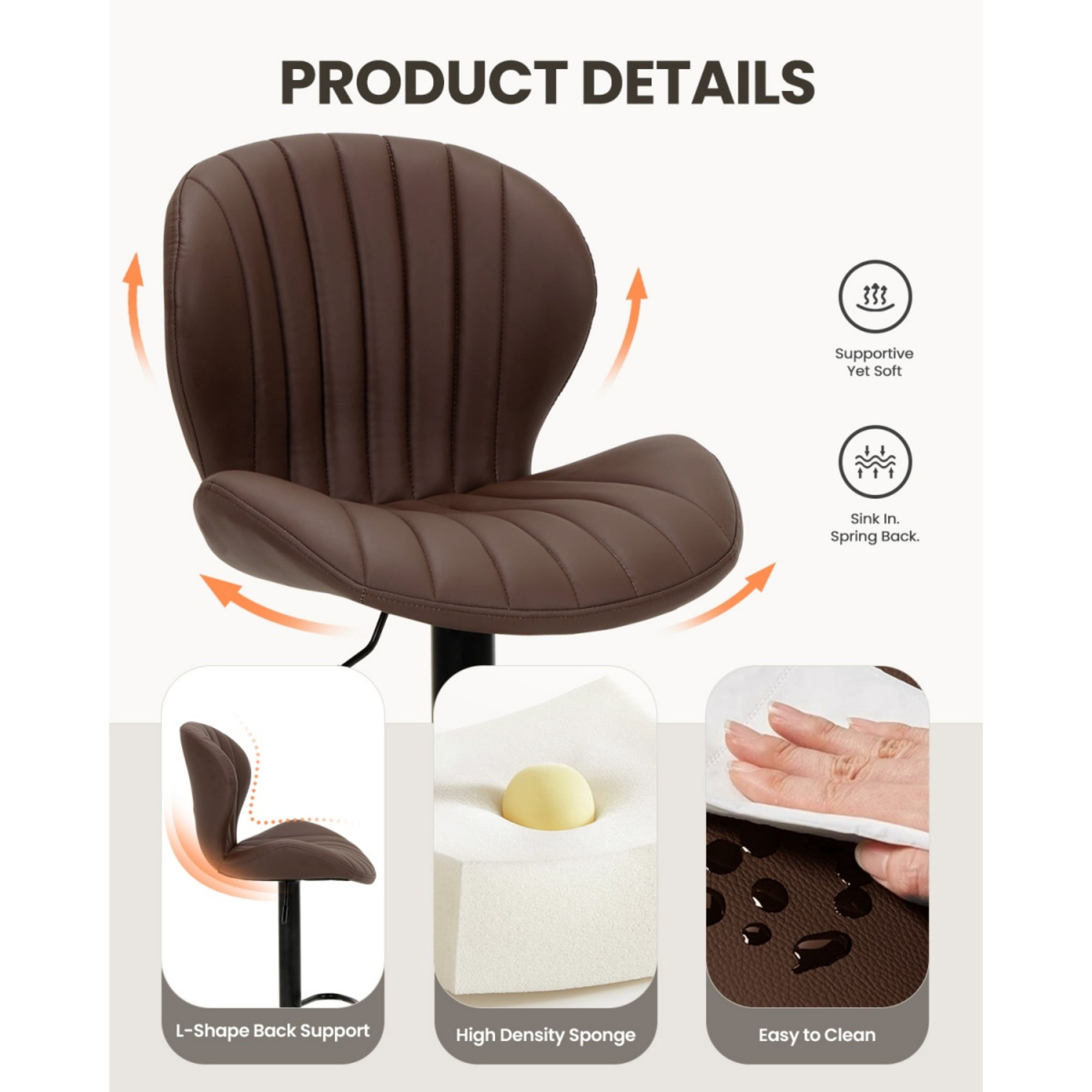 EOP Swivel Bar Stools Set of 2, Modern Upholstered Adjustable Height Counter Stools with Footrest, Faux Leather Upholstered BarStools with Metal Frame, Bar Chairs with Backrest, Brown