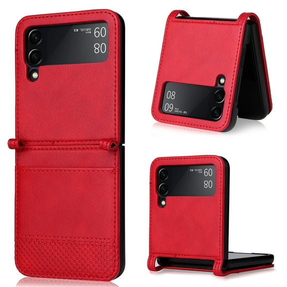 Dteck for Samsung Galaxy Z Flip 3 Case, Wallet PC Hard Shockproof Back Cover for Galaxy Z Flip 3 Leather Phone Case, for Galaxy zFlip3 5G 2021 Protective Cover Shell Slim Durable,Red