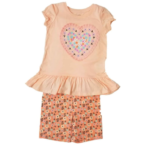 Girls Outfit Peach Heart Shirt & Flower Print Shorts Set Medium