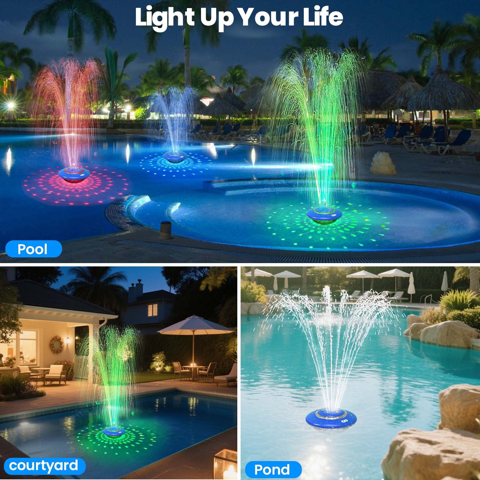 WARMTUYO Floating Pool Fountain with Light Show, Rechargeable with Remote, 9 Pool Light Modes & 3 Fountain Modes for Above Ground Pool, Pool Pond,Outdoor, Yard, Bird Baths