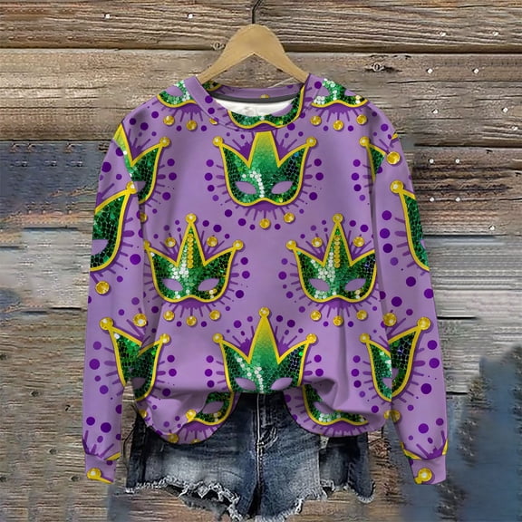 Mardi Gras Fleece Lined Sweatshirts for Women Funny Graphic Crew Neck Holiday Sweatshirts Trendy Casual Long Sleeve Carnival Tops Ladies Mardi Gras Shirts 2026