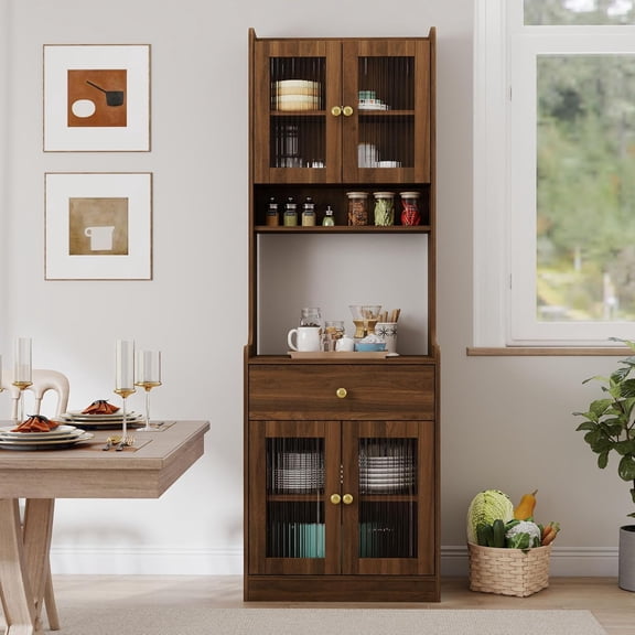 Freestanding Kitchen Pantry Cabinet with Countertop, Hutch Cabinet with Microwave Stand, Farmhouse Storage Hutch with Glass Doors and Drawer for Dining Room