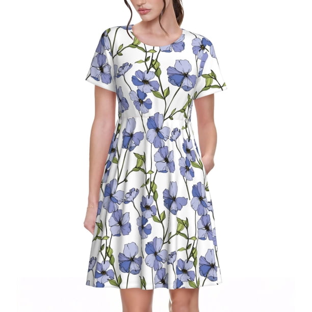 Balery Blue Flax Flowers Vestidos sueltos de manga corta para mujer, vestidos de verano 2025, vestidos casuales de corte A con vuelo.