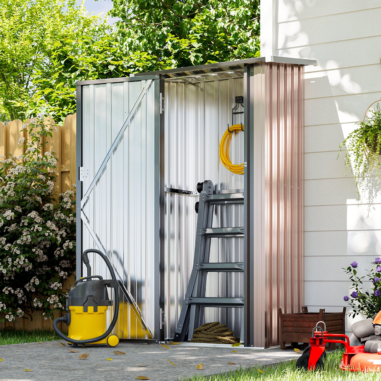Aoxun 3x2.1ft Outdoor Metal Storage Shed with Lockable Doors, Steel Utility Tool Shed, Brown