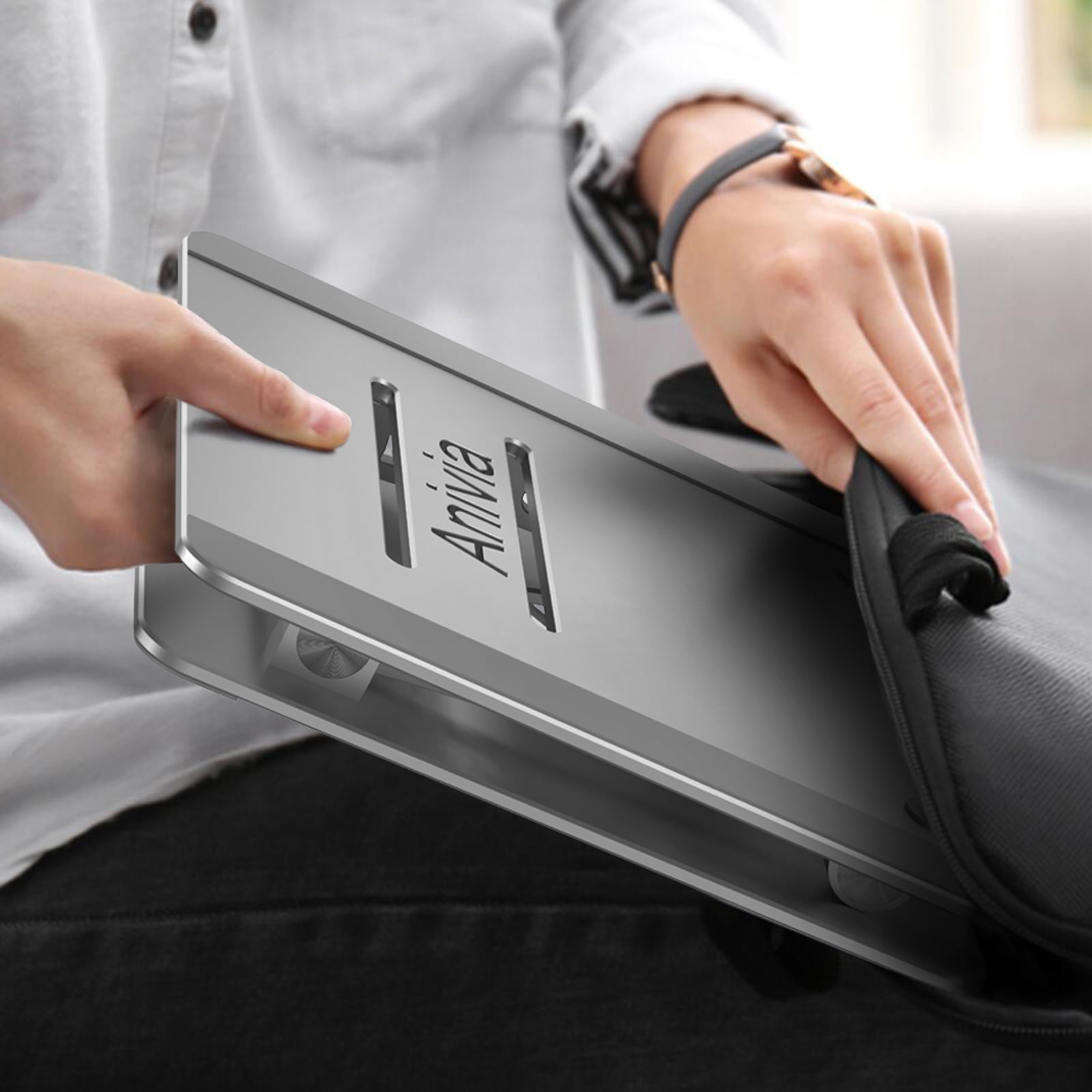 Anivia-Gray Aluminum Adjustable Laptop Stand Elevated Portable Laptop Riser, 10 to 17 Inches Laptop Stand for Desk Foldable, Ergonomic Computer Notebook Stand Holder for Laptop (Ship from USA)