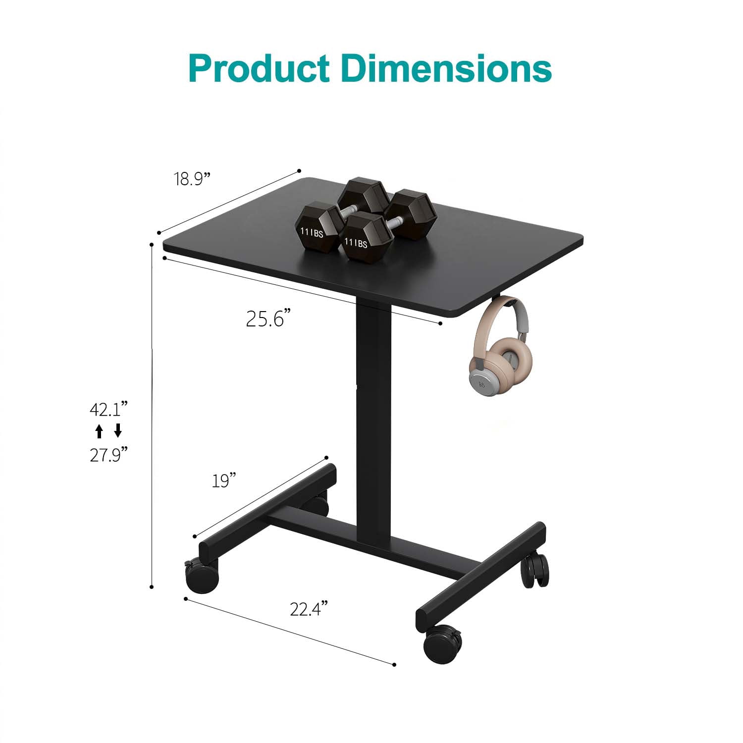 Gas Spring Height Adjustable Mobile Sit-Stand Mini Desk, Lockable Casters & Headphone Hook, Rolling Laptop Side Desk 28.5"-42.7" Height Range