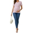 thumbnail image 2 of INSPIRE CHIC Womens Ribbed Knit Short Sleeve Nursing Shirts Crossover Maternity Breastfeeding Top X-Large Pink Gray, 2 of 6