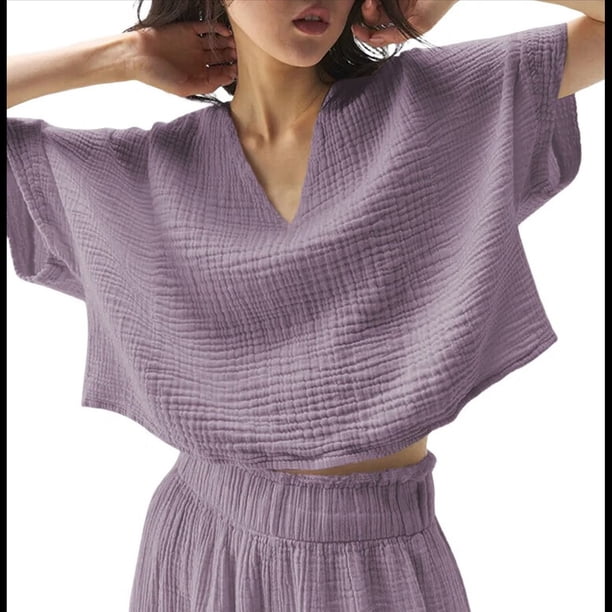 Blusas Casuales de Corta con Cuello en V para Mujer, Blusas Lisas de Gran Tamaño Púrpura un Tamaño