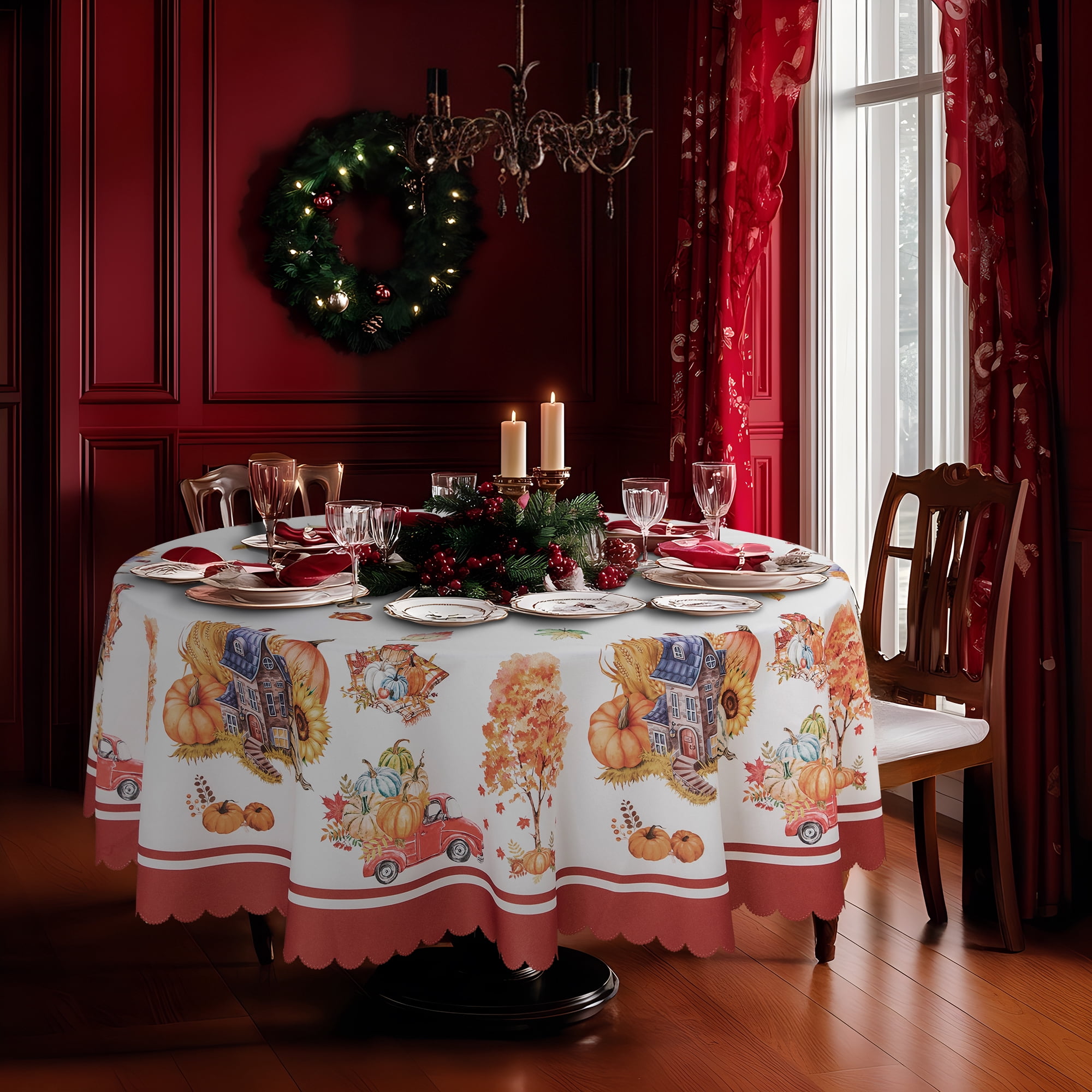 RAY STAR Polyester Christmas Tablecloth 60 inch Round Machine Washable Table Cloths, Thick Can not See Through Heavy Duty Tablecloth