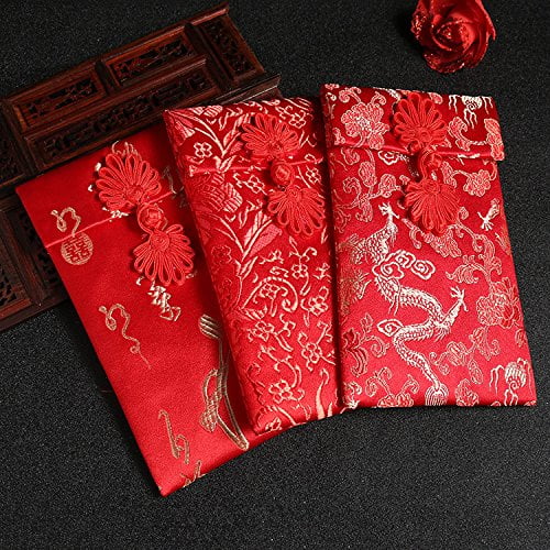 Corciosy 4pcs Soie Chinoise Rouge Enveloppes HongBao Cadeau Wrap Sacs Rouge Porte-Bonheur Poches d'Argent pour la Nouvelle Année 2020 RatSpring Festivalanniversaire Mariage