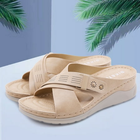 

uikmnh Women Shoes Slippers For Women Fashion Bohemian Wedges Sandals Causal Shoes Beach Sandals Beige 7