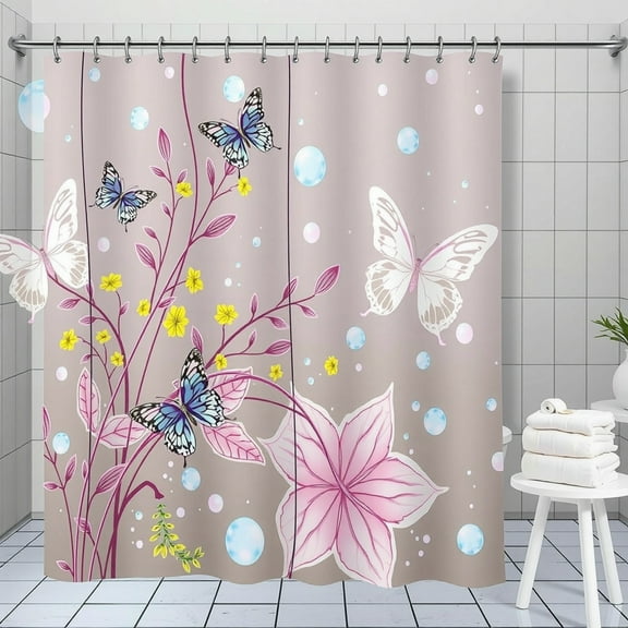 Whimsical Taupe Shower Curtain with Floral Design, Butterflies & Bubbles