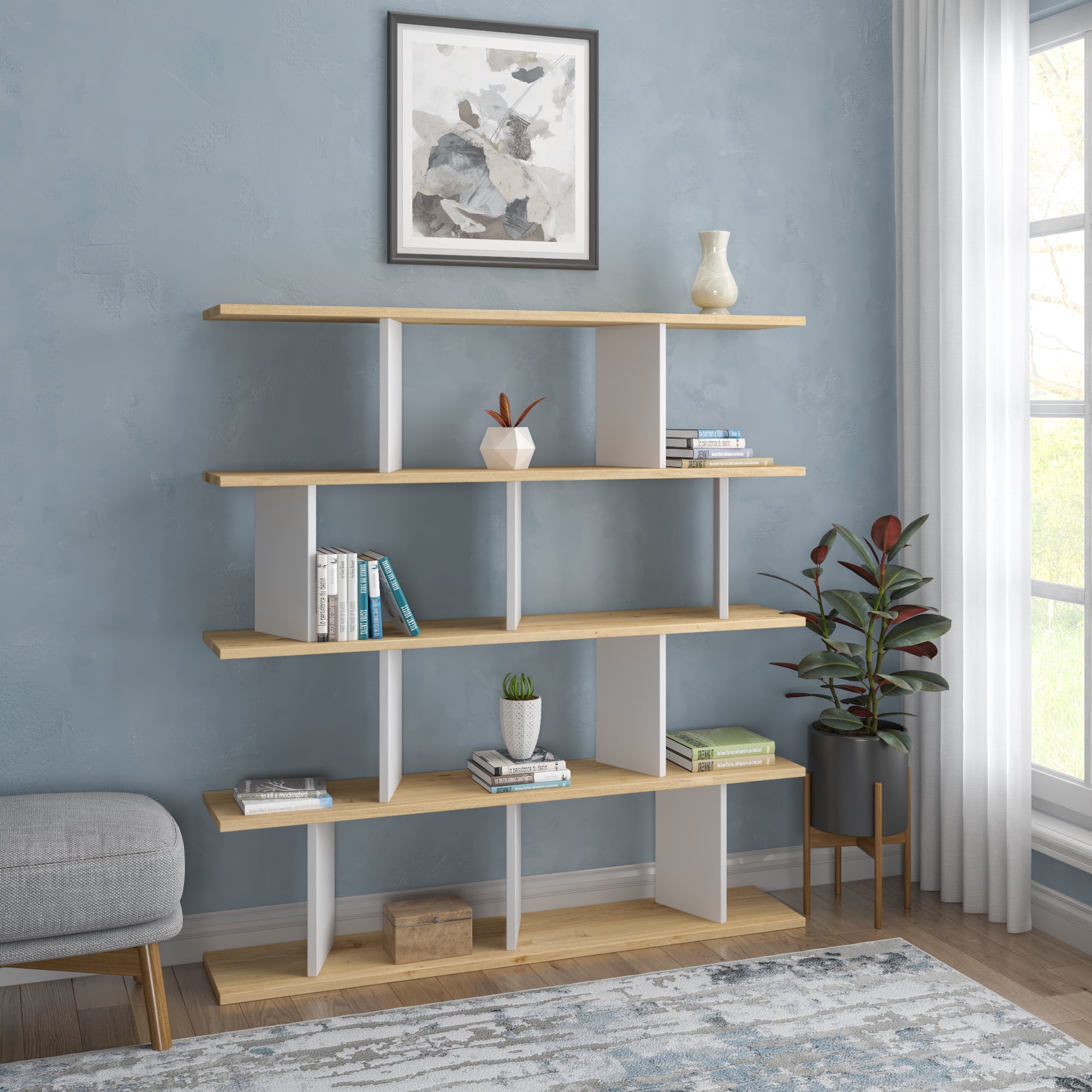 Ada Home Decor Jorin 4 Tier Bookcase, Oak/White