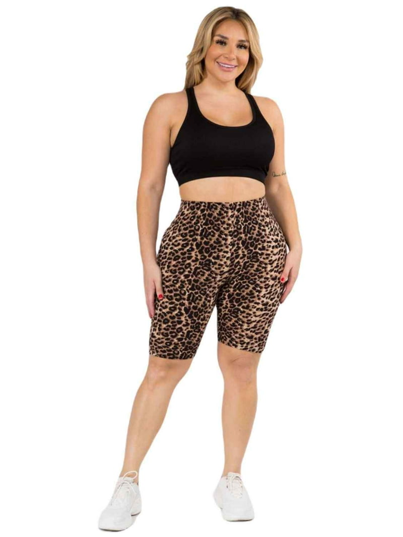 Women's High Waisted Leopard Print Soft Biker Shorts, Peach Skin