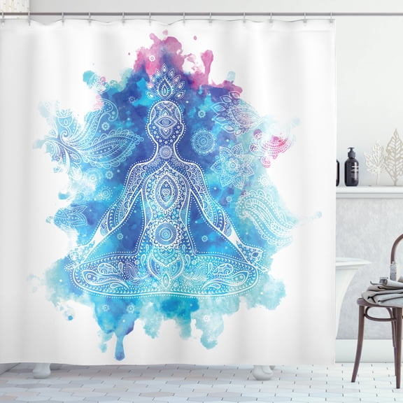Chakra Shower Curtain, Damask Stencil Painted Oriental Mandala Design Harmonized Aqua Watercolor, Fabric Bathroom Set with Hooks, 69W X 75L Inches Long, Azure Blue Dried Rose, by Ambesonne