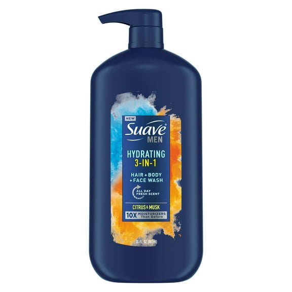 Suave Men 3 in 1 Mens Body Wash, Hair, Face and Body Wash, Hydrating, Citrus & Musk, 30 oz