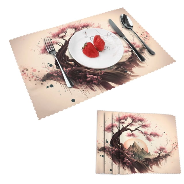 DouZhe Polyester Set de 4 Sets de Table, Abstrait Rose Cerisier Fleur Motif Résistant à la Chaleur Place Mats pour Table à Manger, 12 "x 18"