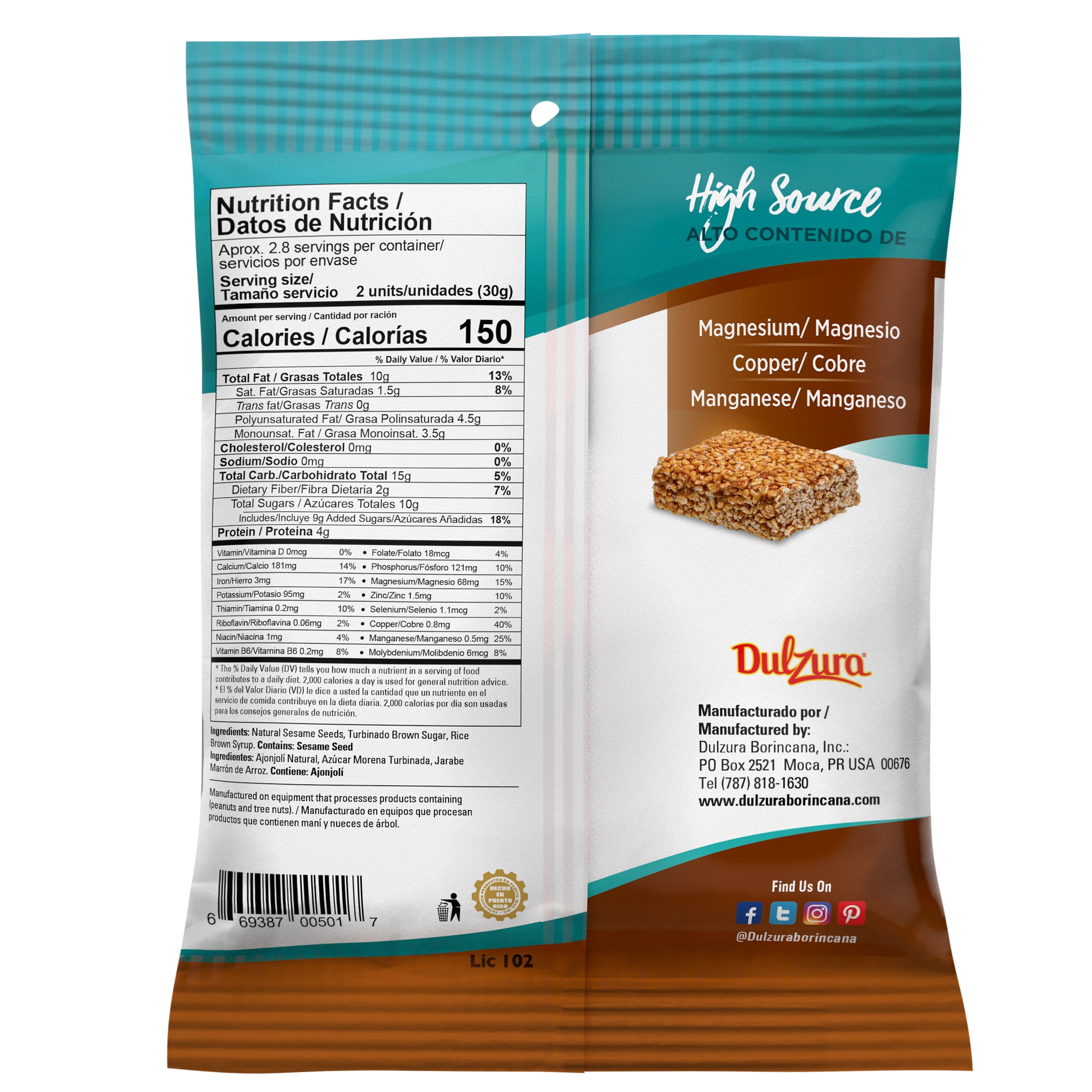 (4 pack) Dulzura Borincana All Natural Crunchy Sesame Seed Bars, 10 oz