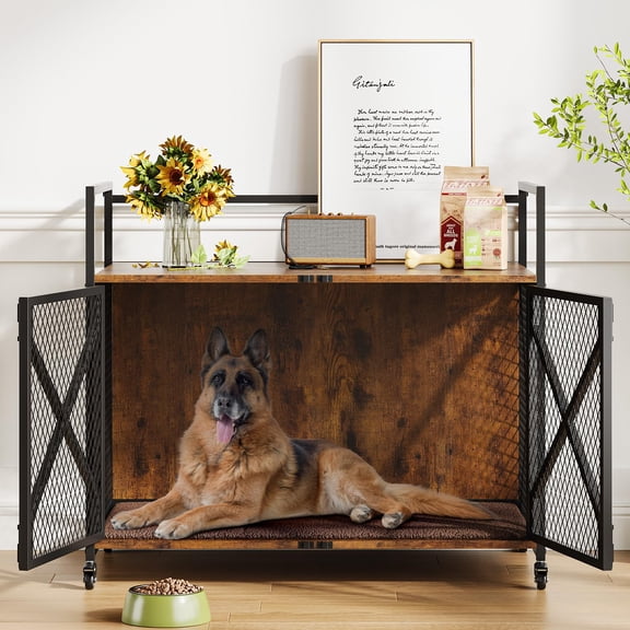 41" Dog Crate Furniture with Cushion, Indoor Wooden Kennel End Table with Lockable Wheels – Double Doors, Heavy Duty for Small, Medium & Large Dogs