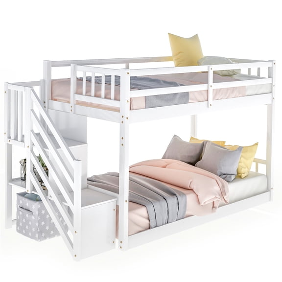 Solid Wood Low Bunk Bed with Stairs for Kids, Boys and Girls, Twin Over Twin Floor Bunk Bed Frame with Safety Guardrail, Shelves and Handrail, Storage Stairway Bed with Slat Support, White