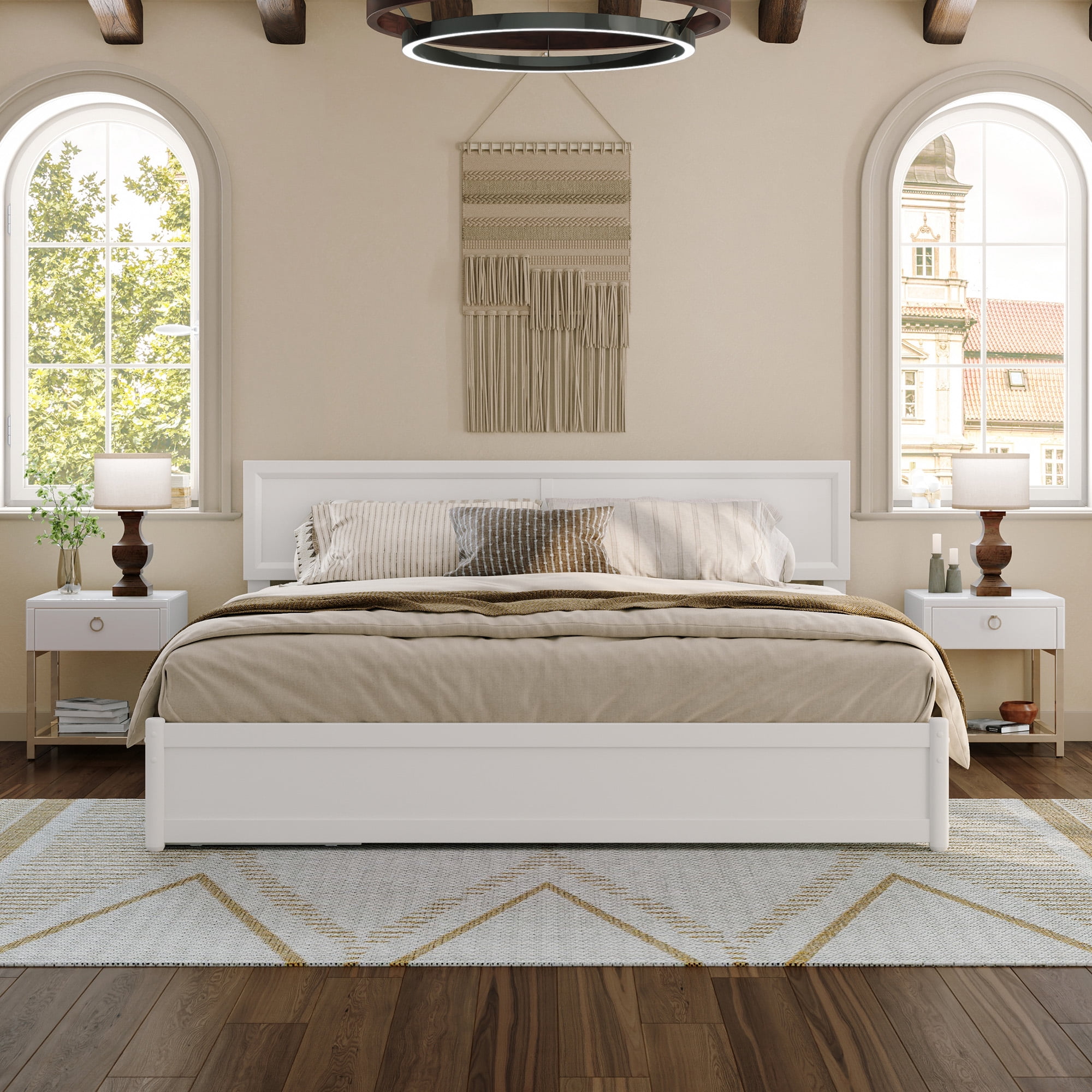AFI Lylah King Wood Platform Bed with Panel Footboard and Twin-XL Trundle, White