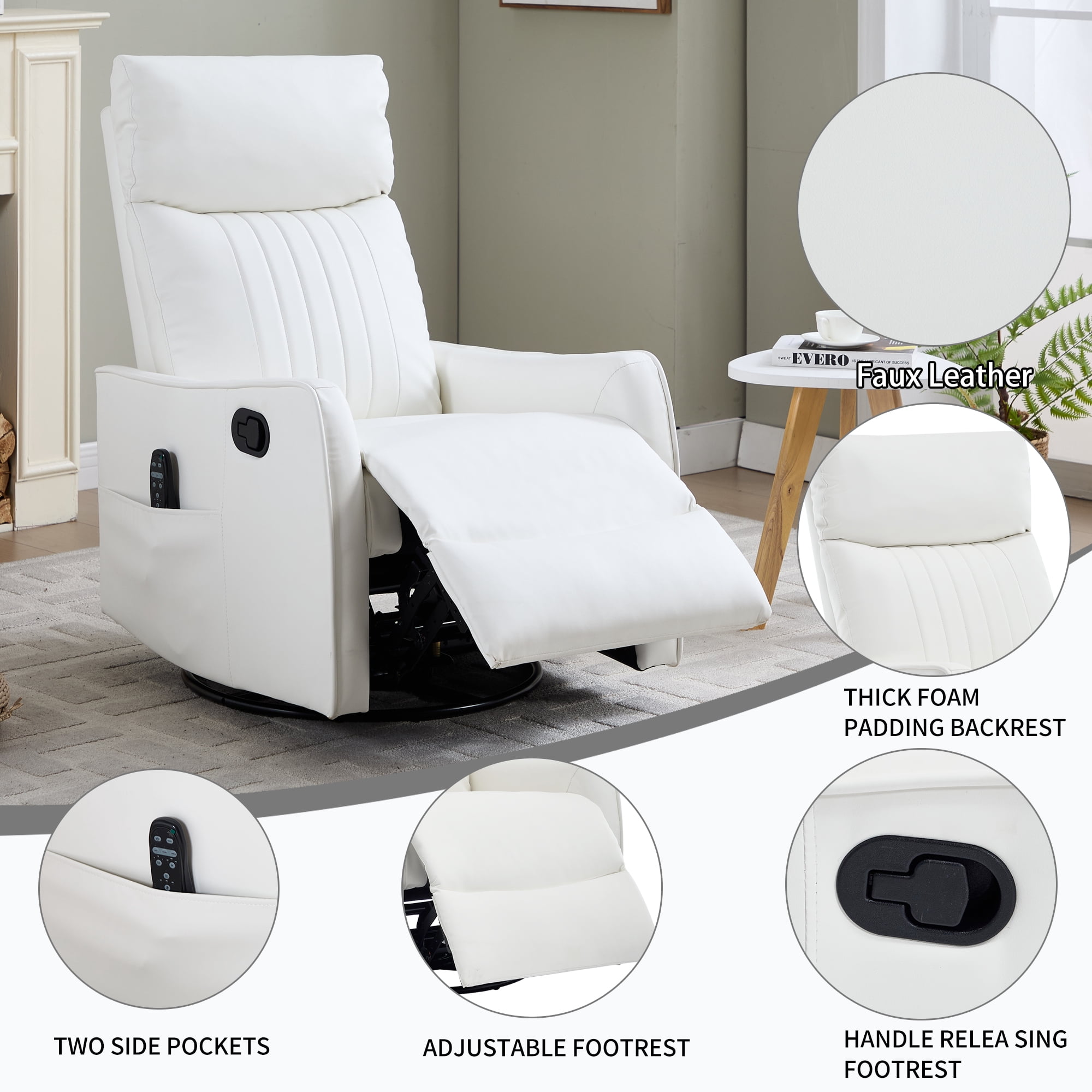 Gewnee Manual Recliner with 360°Swivel Rocker,8-Point Massage Recliner Chair with Heating,Comfy Single Sofa with Side Pockets for Living Room,Bedroom.White PU