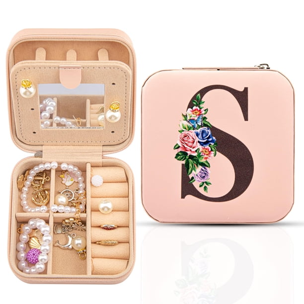 Joyero de viaje con espejo, organizador de joyas esenciales para viajes, organizador de anillos, collares y pendientes, mujeres y niñas, S
