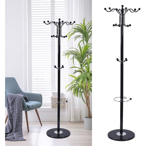 67" Metal Coat Tree, Coat Racks with 16 Hooks, Hat Jacket Stand Tree Holder Hanger Rack Metal Organizer Coat Rack Umbrella Stand with Marble Base for Jacket, Purse, Scarf Rack (Black)