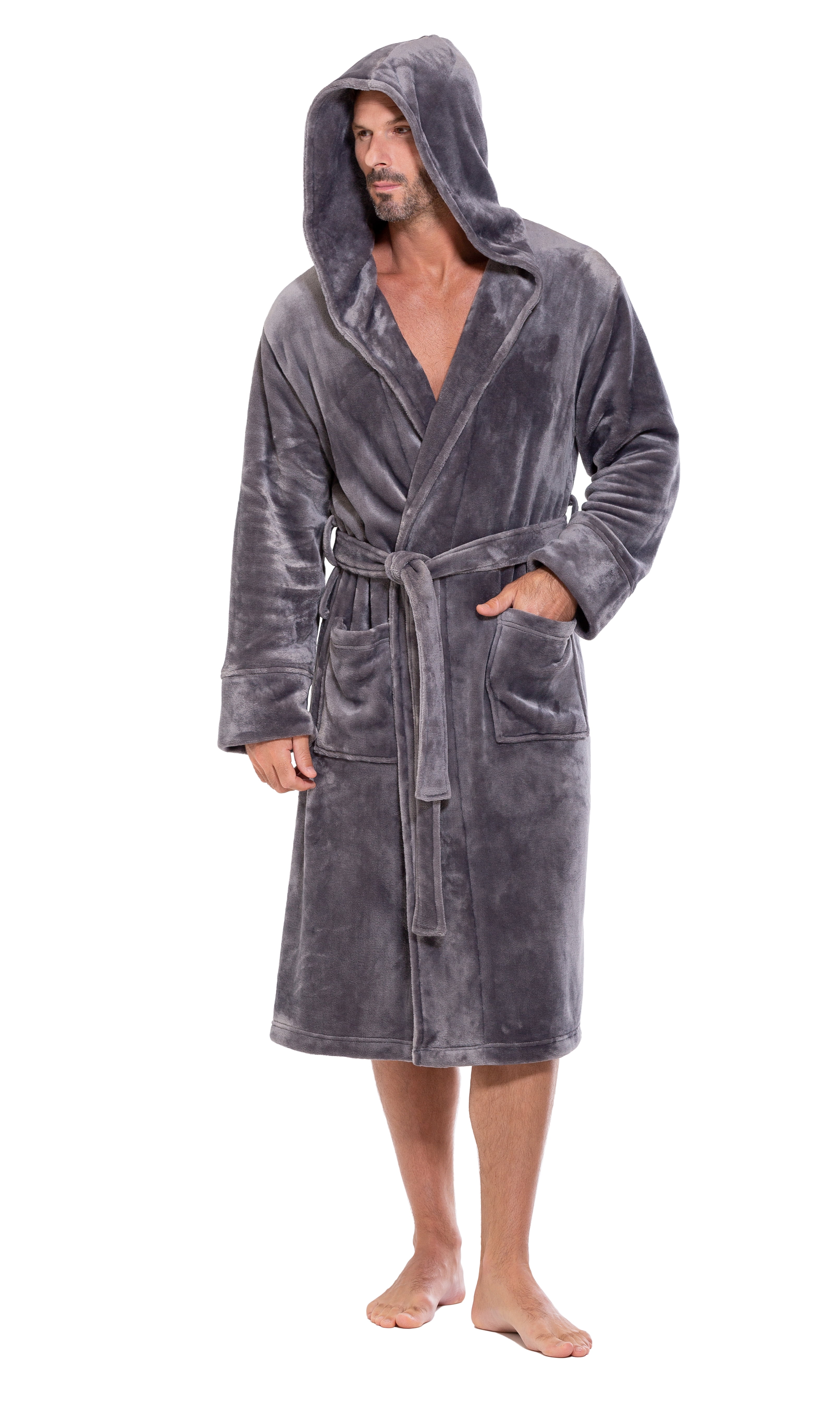 Plush Robes For Men, Soft Fuzzy Hooded Mens Bathrobes , Long Comfy Robe