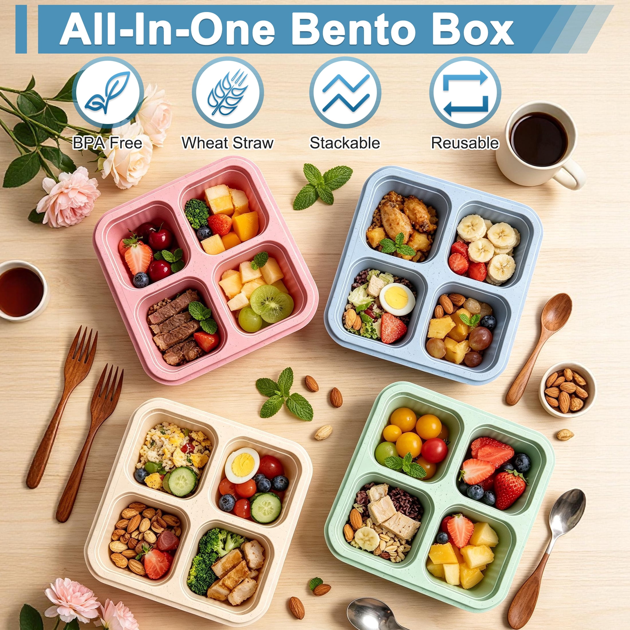 4 Compartment Food Storage Tray with Lids, 4 Pack Reusable Divided Lunch Box, Portable Wheat Straw Bento Box for School Office Picnic