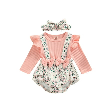 

Xingqing Newborn Baby Girls Romper Long Sleeve Knit Floral Jumpsuit Playsuit and Headband Infant Girl Bodysuit Autumn Clothes Pink 6-12 Months