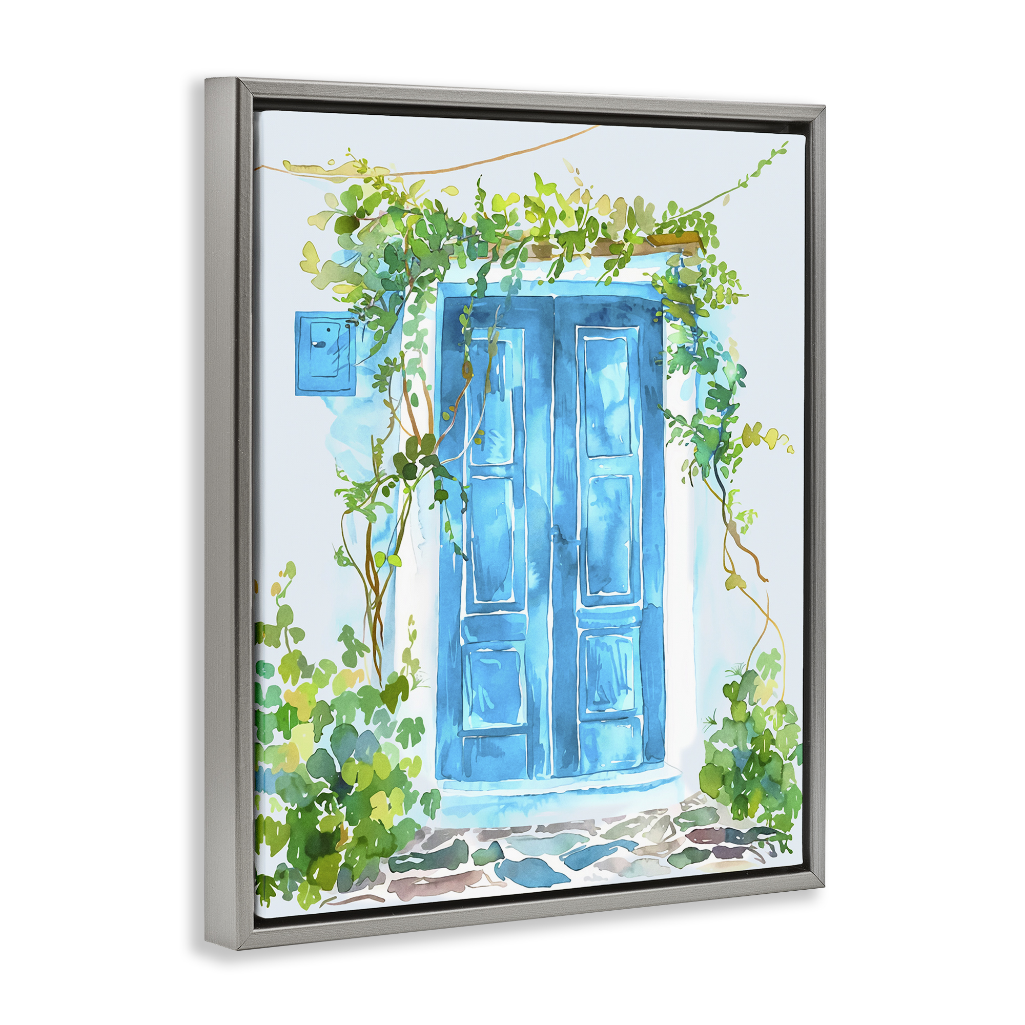 Stupell Industries Blue Vine Covered Door Scenery Painting Gray Floater Framed Art Print Wall Art, 17 x 21