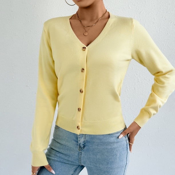 Suéter de cuello en V para mujer, suéter de punto de color liso con cuello en V, cárdigan con botones, blusa para mujer