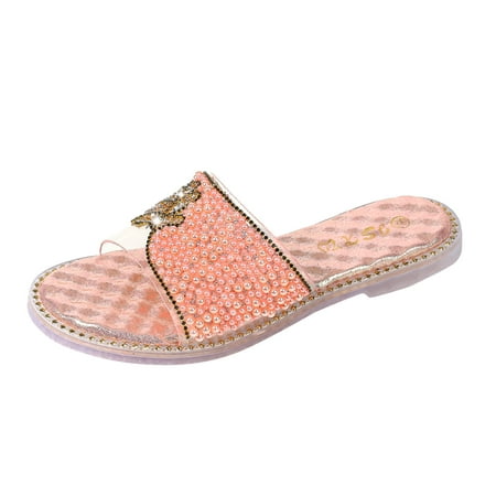 

Women Two Straps Fashion Slide Jelly Sandals Flat Glitter Open Toe Rhinestone Shoes