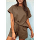 thumbnail image 5 of Conjunto de Pijama de 2 Piezas para Mujer, Color Liso, Cuello Redondo, Informal, de Tela Texturizada, Corta, Color Café, XL, 5 of 7