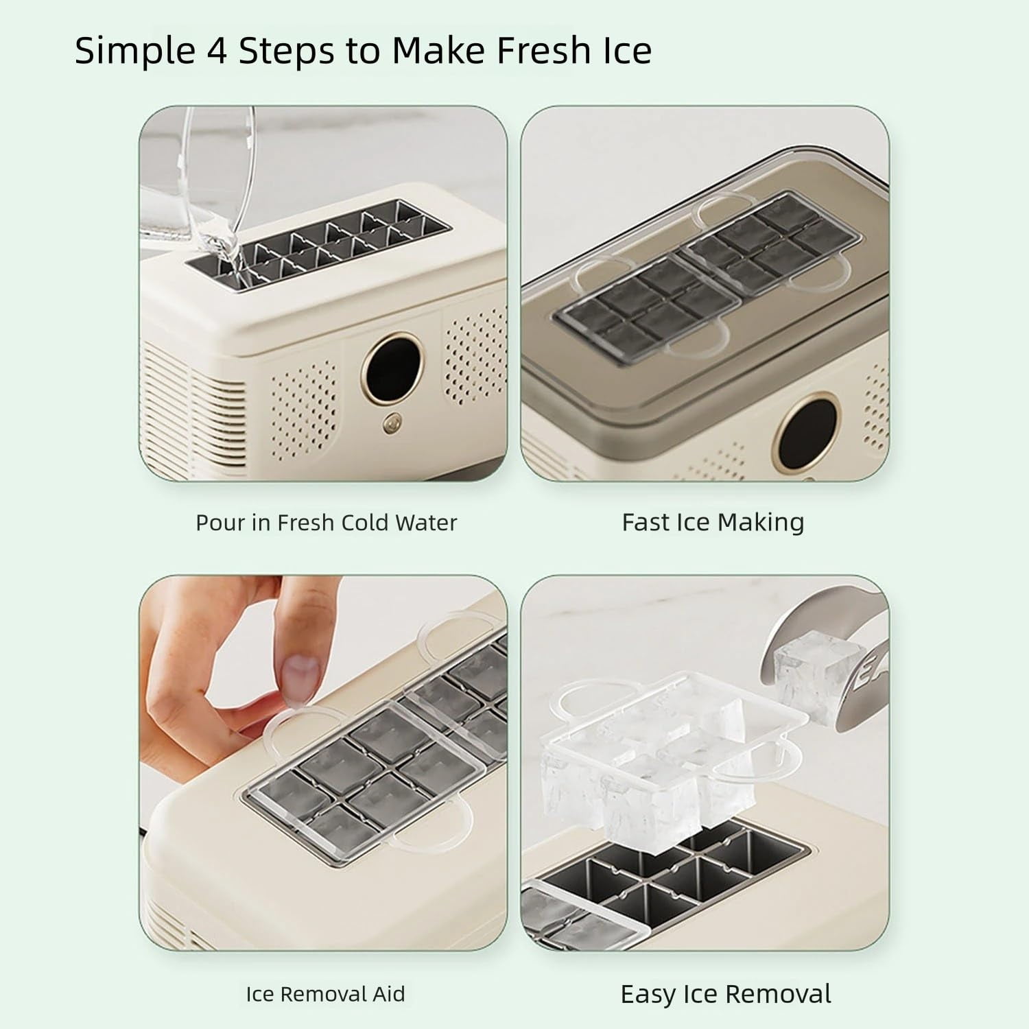 MUSICOZY Countertop Ice Maker Mini Portable,12 Solid Square Cubes in 15 Mins,Travel Ice Maker with Car Adapter,with Ice-Cubes Detachment Rack and Removable Top Cover,for Home Parties Camping Travel