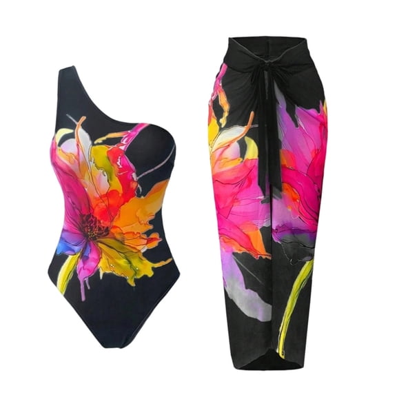 Ecqkame Women's One Shoulder Swimsuits Two-Piece Tummy Control Beach Vacation Bathing Suits Vintage Floral Print with Sarong Wrap Skirt Black L
