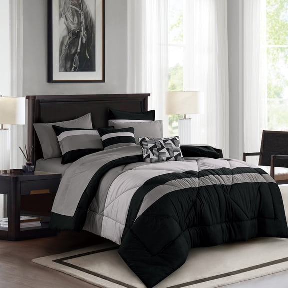 9-Piece Modern Black & Grey Color Block Bed-in-a-Bag Comforter Set, All Season Microfiber Bedding Set