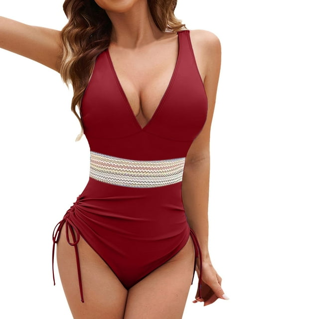 FhsagQ Swimsuit Sets for Women Set Cute Bathing Suit for Women Swimsuits V Neck Adjustable Drawstring Straps Swimming Suits Swimsuit Sets for Women Plus Size with Robe Red M