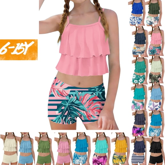 Gamivast Two Piece Tankini for Toddler Girls Tiered Ruffle Flounce Top with Boy Shorts Modest Swimsuit Summer Pool Party Wear Cute Holiday Bathing Suit
